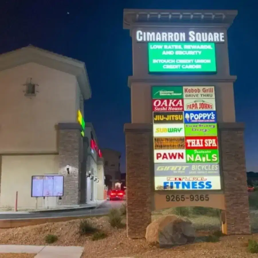 Cimarron Square pylon sign featuring the Blue Diamond Thai Spa & Massage logo